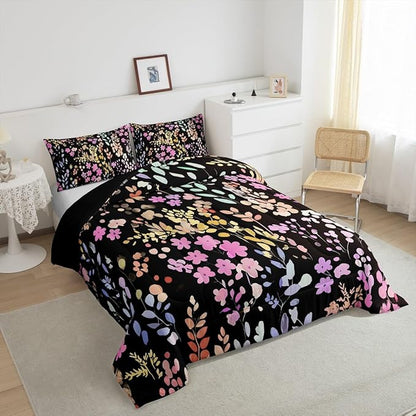Erosebridal Colorful Floral Comforter Set Queen Size,Cute Boho Pink Flower Bedding Set for Kids Girls Bedroom Decor,Watercolor Wild Flowers Quilt Bed Set Bohemian Wildflower Bed Comforter Set 3Pcs