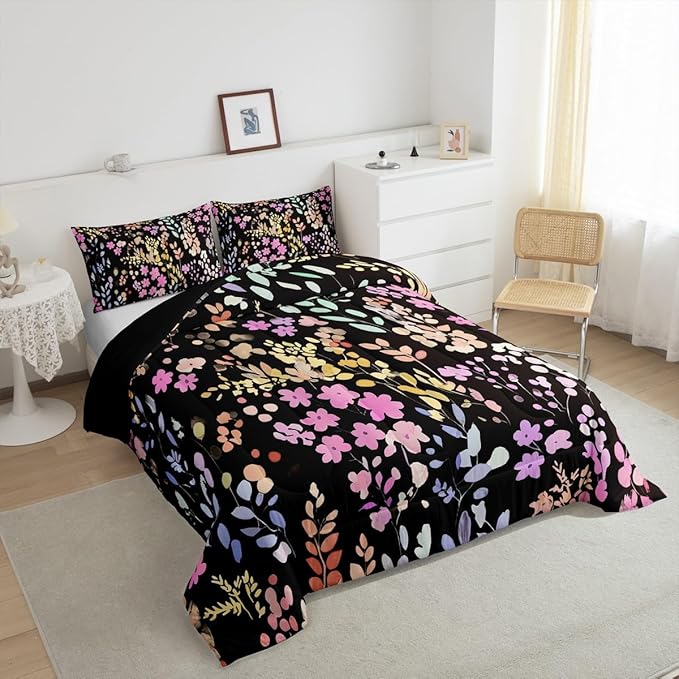 Erosebridal Colorful Floral Comforter Set King Size,Cute Boho Pink Flower Bedding Set for Kids Girls Bedroom Decor,Watercolor Wild Flowers Quilt Bed Set Bohemian Wildflower Bed Comforter Set 3Pcs