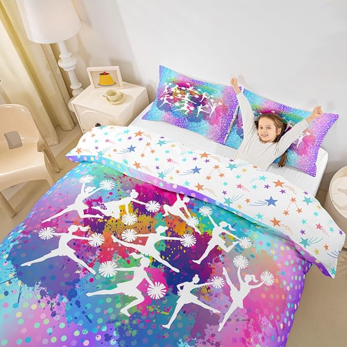 Cheerleading Girls Duvet Cover Sets Full Size,Gymnastics Dancing Lovers Bedding Set for Kids Teens Woman Room Decor,Rainbow Watercolor Graffiti Dots Comforter Cover Modern Fashion Quilt Cover 3pcs