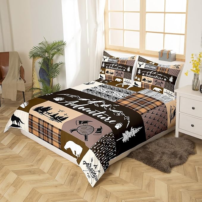 Hunting Adventure Bedding Set King Size for Teens,Deer Bear Wolf Rustic Farmhouse Comforter Cover with 2 Pillowcases,Exotic Aztec Boho Tribal Brown Check Duvet Cover Set Microfiber Quilt Cover