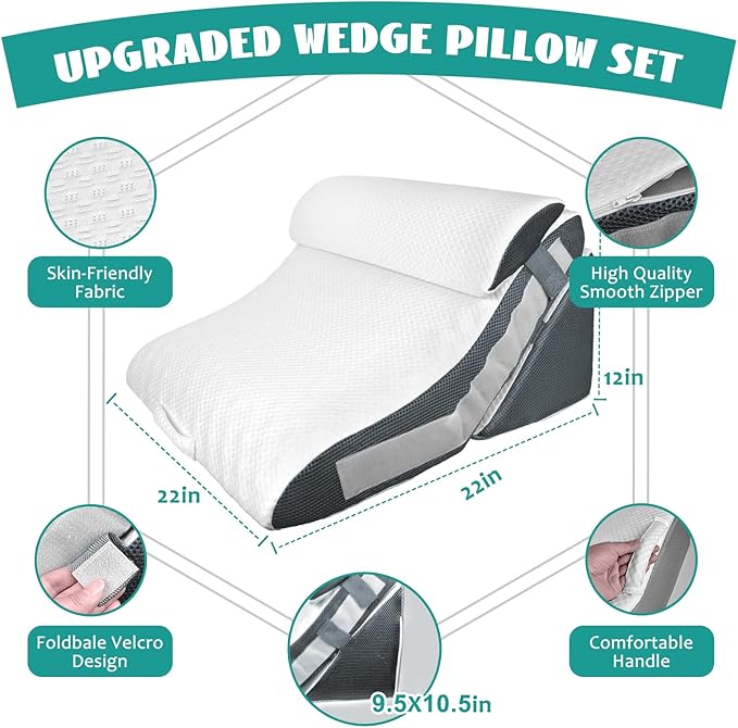 3PCS Wedge Pillow Set for After Surgery, Wedge Pillow for Acid Reflux Relief, Adjustable 9&12inch for Headboard, Orthopedic Memory Foam for Neck&Back Support, White/Grey