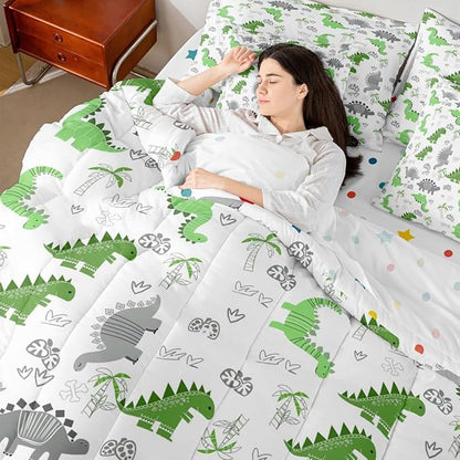Feelyou Cute Dinosaur 7 Piece Bedding Set Bright Green Grey Dinosaur Comforter Set with Sheets for Kids Boys Girls Nutrue Palm Tree Bed in a Bag Animal Theme Bed Set Soft Lightweight