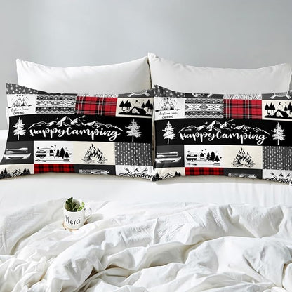Camping Camper Bedding Set King Size for Teens,RV Inside Decor Rustic Patchwork Comforter Cover with 2 Pillowcases,Farmhouse Lodge Hunting Red Checkered Duvet Cover Set Microfiber Quilt Cover