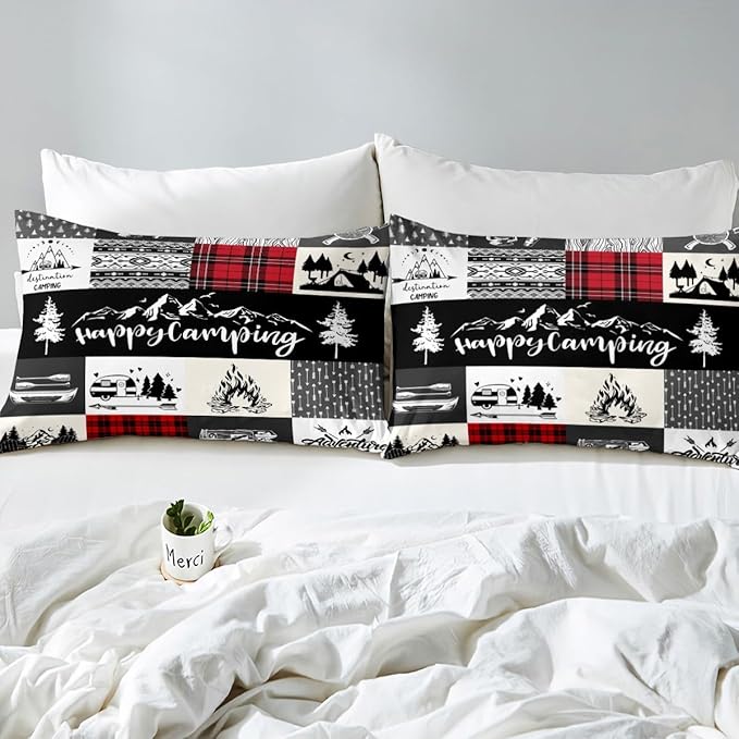 Camping Adventure Duvet Cover Set Full Size,RV Camper Accessories for Travel Trailers Comforter Cover with 2 Pillowcases,Rustic Red Plaid Boho Aztec Exotic Breathable Bedspread for Boys Teens