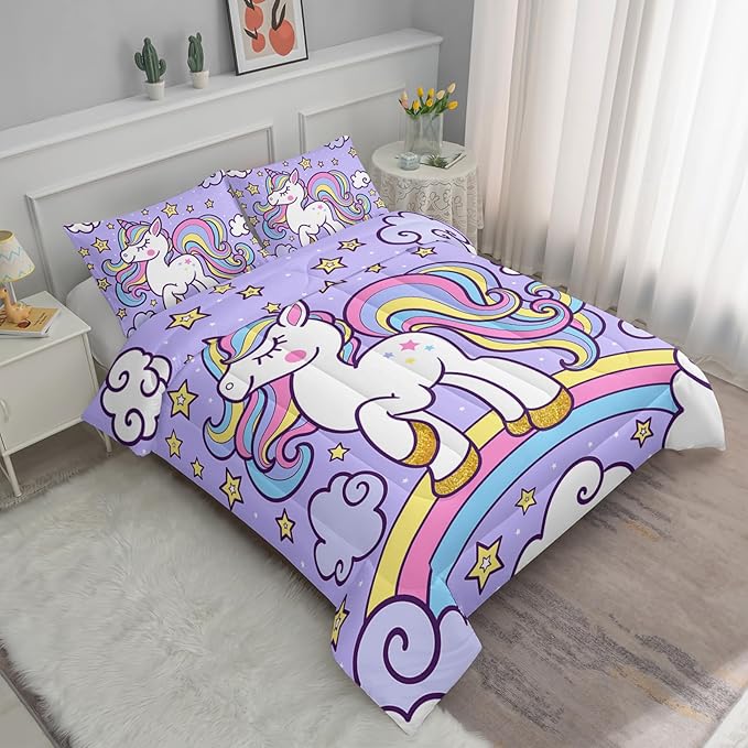 Axolotl Rainbow Unicorn Bedding Set King,Purple Unicorn Kids Comforter Set for Girls,Colorful Rainbow Bedding for Kids Teens Adults,Cartoon Stars Cloud Comforter,1 Quilt with 2 Pillowcases All Season
