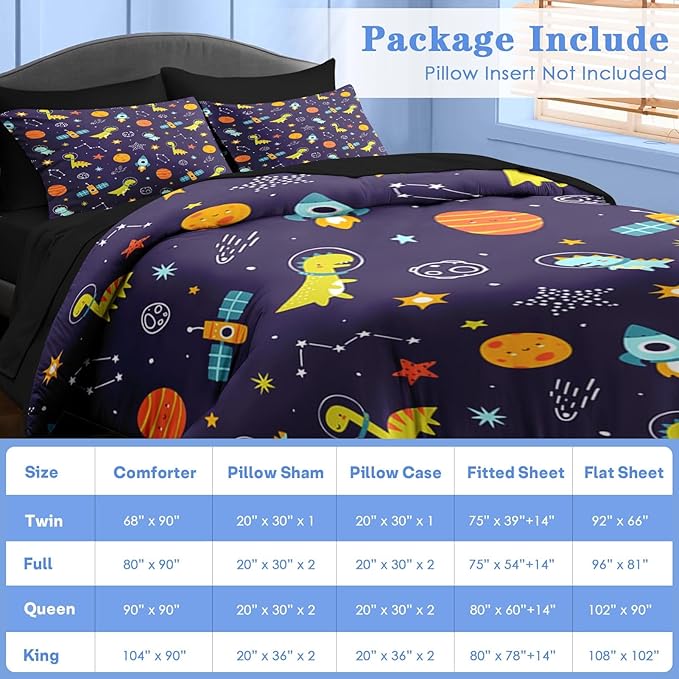 Comforter Set Twin Size, Space Astronaut Dinosaur 5 Pcs Bedding for Kids and Adults, Funny Galaxy Dino Planet Bed Sheet Sets with Fitted Sheet Pillowcase & Sham for Bedroom Bed Decor