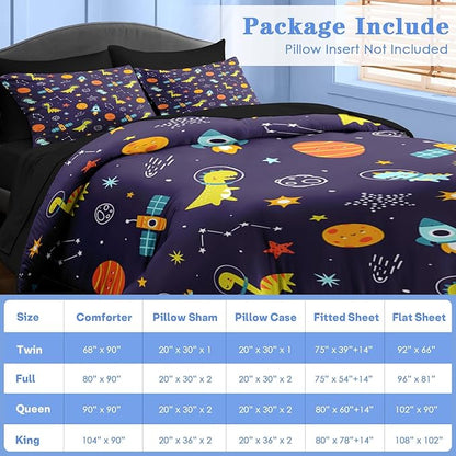 Comforter Set Twin Size, Space Astronaut Dinosaur 5 Pcs Bedding for Kids and Adults, Funny Galaxy Dino Planet Bed Sheet Sets with Fitted Sheet Pillowcase & Sham for Bedroom Bed Decor