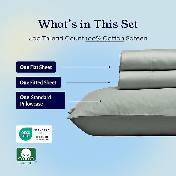 California Design Den Twin XL Sheet Sets - Soft 400 Thread Count Sateen, Natural 100% Cotton Sheets Set with Deep Pockets, and Durable Bedding - Sage Green