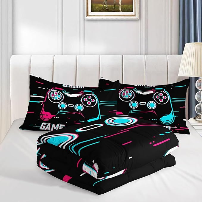 Kids Comforter Set Blue Pink Gamepad Printed Pattern Bedding Set with 1 Comforter and 2 Pillowcases for Girls Boys Bedroom All Season(Blue Pink Gamepad Full)