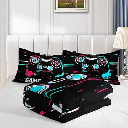 Kids Comforter Set Blue Pink Gamepad Printed Pattern Bedding Set with 1 Comforter and 2 Pillowcases for Girls Boys Bedroom All Season(Blue Pink Gamepad Full)