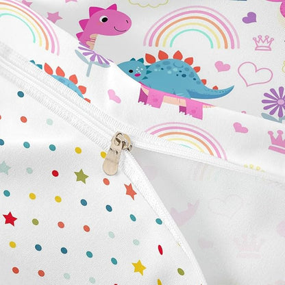 Kawaii Dino Bedding Sets Toddler Size,Cute Rainbow Floral Love Heart Reversible Duvet Cover 2Pcs for Kids Bedroom,Purple Blue Dinosaur Lovely Animal Quilt Cover,1 Pillowcase (No Comforter)