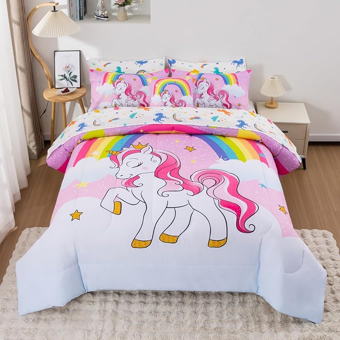 Unicorn Queen Bedding Sets for Girls Kids Teens, 8 Piece Bed in a Bag Purple Rainbow Theme Unicorn Comforter Set Bedroom Decor with Printed Sheet Set