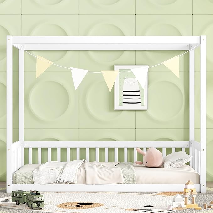 MERITLINE Full Canopy Bed Frame with Fence,Solid Wood Montessori Floor Bed with Guardrail, Easy to Assemble (White)