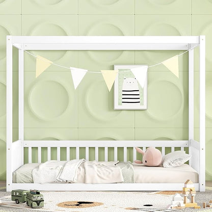 MERITLINE Full Canopy Bed Frame with Fence,Solid Wood Montessori Floor Bed with Guardrail, Easy to Assemble (White)