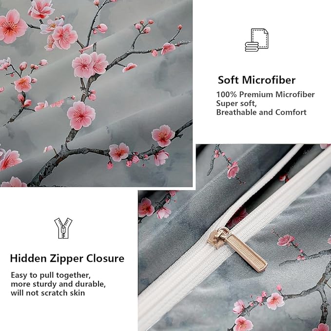 Grey Pink Cherry Blossom Duvet Cover Full Size Japanese Cherry Blossoms Duvet Cover Set Vintage Floral Bedding Set Soft Microfiber Comforter Cover(2 Pillowcases, No Comforter)