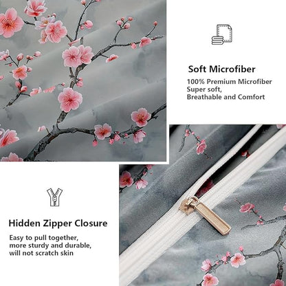 Grey Pink Cherry Blossom Duvet Cover King Size Japanese Cherry Blossoms Duvet Cover Set Vintage Floral Bedding Set Soft Microfiber Comforter Cover(2 Pillowcases, No Comforter)