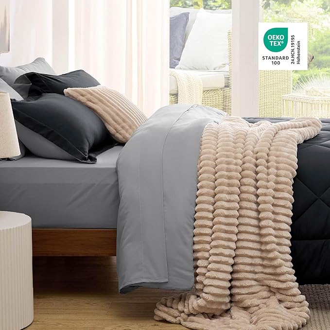 Bedsure Twin XL Comforter Set - 5 Pieces Reversible Black Bedding, Twin XL Size Bed Set for All Seasons, Bed in a Bag with Down Alternative Comforter, Sheets, Pillowcase & Sham