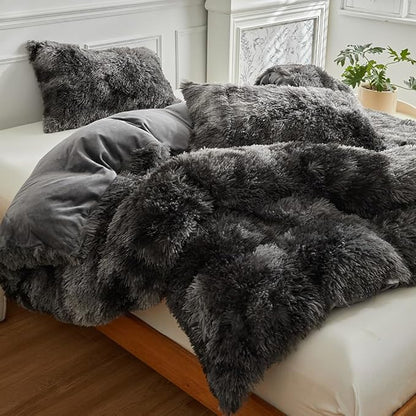 Wajade Faux Fur Plush Tie Dye Dark Grey White Comforter Set Fluffy Fuzzy Shaggy Bedding Set - 3PC King Size Microfiber Soft Warm Quilt Set