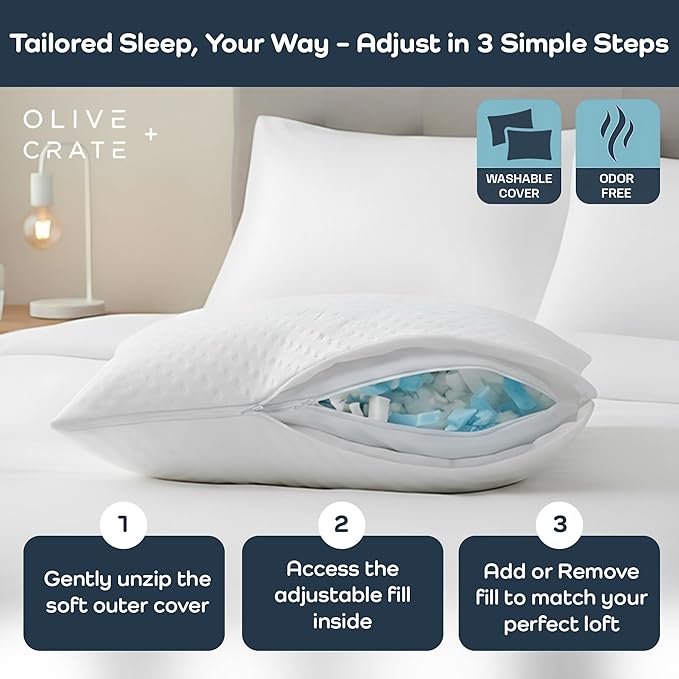 Olive + Crate BreathePure™ Adjustable Loft Shredded Memory Foam Pillow - Queen Size - Cooling Pillow, Hypoallergenic Bed Pillows, CertiPUR-US Certified Foam, Ideal for Back, Stomach and Side Sleeper