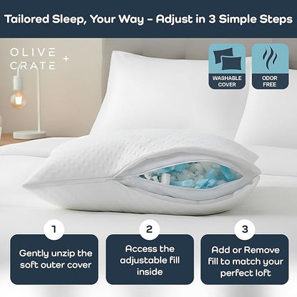 Olive + Crate BreathePure™ Adjustable Loft Shredded Memory Foam Pillow - Queen Size - Cooling Pillow, Hypoallergenic Bed Pillows, CertiPUR-US Certified Foam, Ideal for Back, Stomach and Side Sleeper
