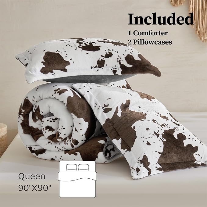 Petrichor Velvet Flannel Queen Comforter Set- Cow Print Western Style Blanket,Luxury Fuzzy Heavy Bedding Set, 3 Pieces Plush Winter Bed Set with Comforter (90"x90") & 2 Pillow Shams (20"x26")