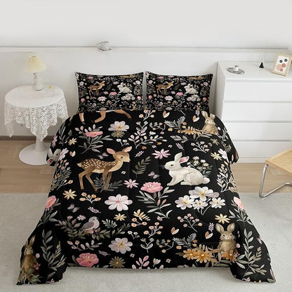jejeloiu Cute Deer and Rabbit Comforter Set Queen Size Floral Flower Bedding Set for Kids Boys Girls Nature Plants Duvet Quilt Black Colorful Bedroom Decor Microfiber 3 Pcs with 2 Pillow Cases