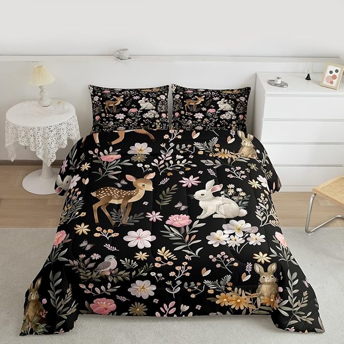 jejeloiu Cute Deer and Rabbit Comforter Set Toddler Size Floral Flower Bedding Set for Kids Boys Girls Nature Plants Duvet Quilt Black Colorful Bedroom Decor Microfiber 2 Pcs with 1 Pillow Cases