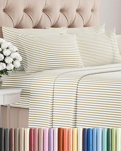 Full 6 Piece Sheet Set - Comfy Breathable & Cooling - Soft Hotel Luxury Bedding Set with 8-16 Inch Deep Pockets - 1 Flat & 1 Fitted Sheet & 4 Pillowcases - Wrinkle Free & Easy Care - Beige Stripes 2