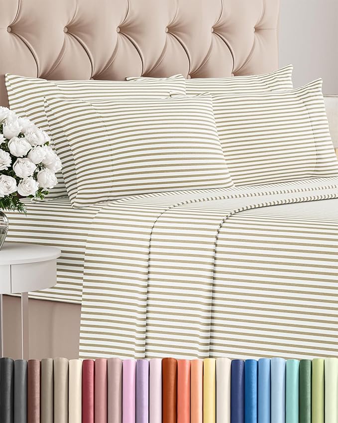 Cal King 6 Piece Sheet Set - Comfy Breathable & Cooling - Soft Hotel Luxury Bedding Set w/ 8-16 Inch Deep Pockets - 1 Flat & 1 Fitted Sheet & 4 Pillowcases - Wrinkle Free & Easy Care - Beige Stripes 2