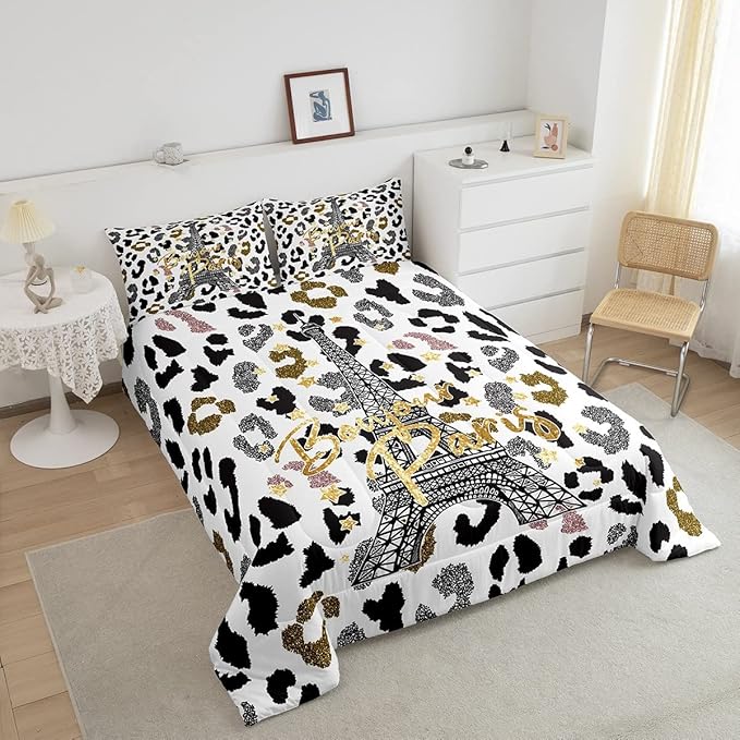 Feelyou Eiffel Tower Comforter Set Leopard Print Bedding Set for Kids Boys Girls Paris Tower Comforter Cheetah Print Quilt Set 1 Comforter Set with 2 Pillowcases Full Size