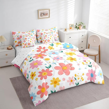 Feelyou Cute Flower 7 Piece Bedding Set King Size Kids Cartoon Cute Floral Bed in a Bag for Kids Girls Teens Toddler Yellow Pink Comforter Set with Sheets Kawaii Bed Set