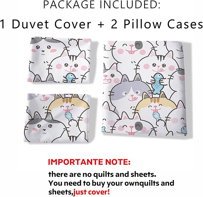 CVHOUSE Kawaii Bedding Queen Size,Kawaii Cat Bedding Set for Girls Kids Teens,Cute Cat Comforter Set Cover Soft,1 Duvet Cover 2 Pillowcases 3 Piece,Girl's Bedroom Kawaii Decor