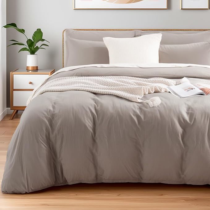 NEXHOME PRO Duvet Cover Set Kids Twin Size Linen Look Textured Organic Natural 100% Washed Cotton Duvet Cover Linen Cream Grey 2 Pieces Bedding Set with Zipper Closure, Breathable (No Comforter)