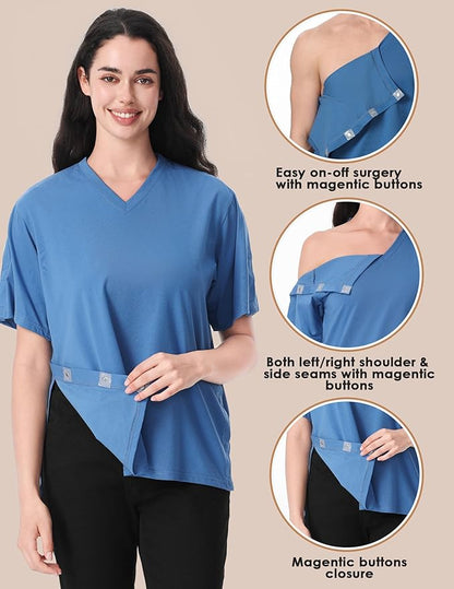 Magnetic Buttons Post Shoulder Surgery Recovery Shirt for Men V-Neck Tear Away Adaptive Chemo Port Clothing for Women