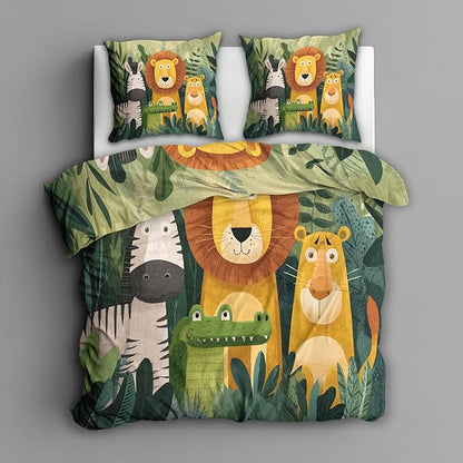 Jungle Animal Duvet Cover Twin Size, Kids Boys Girls Bedding Set 3 Pcs (2 Pillow Shams), Super Soft Microfiber Bedroom Decor, Zipper & Ties CSXQ1245