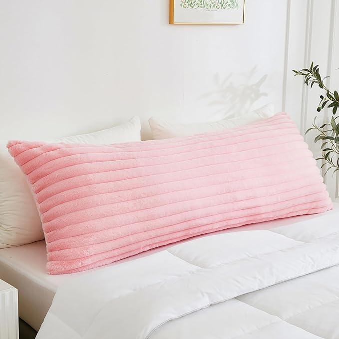 Full Body Pillow with Fluffy Stripe Faux Fur Removable Cover, Long Bed Pillow Adult 20x54 Inches for Side Sleeper and Pregnancy, Pink.