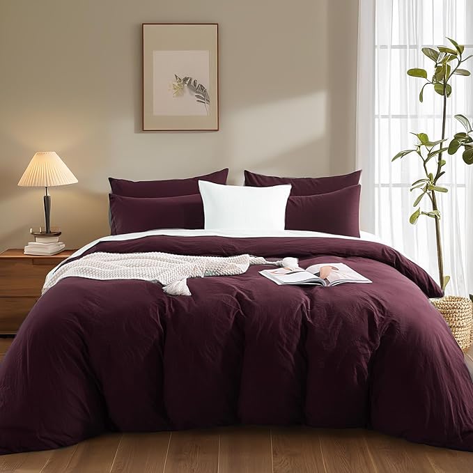 NEXHOME PRO Oversized King Duvet Cover Set – 100% Certified Organic Cotton with Washed Feel & Linen-Like Texture, Comfortable & Breathable, Home Bedding Set Burgundy (No Comforter) 12098N