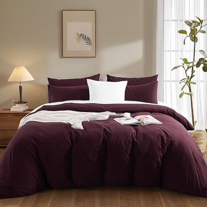 NEXHOME PRO Oversized King Duvet Cover Set – 100% Certified Organic Cotton with Washed Feel & Linen-Like Texture, Comfortable & Breathable, Home Bedding Set Burgundy (No Comforter) 12098N