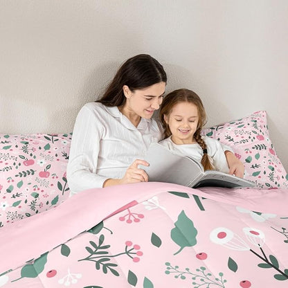 Erosebridal Pink Floral Toddler Bedding Set - Boho Flower Cute Comforter Set for Girls Kids, Botanical Plant Green Leaf Bed Set, Cottage Core Room Decor with 1 Pillowcase, Lightweight
