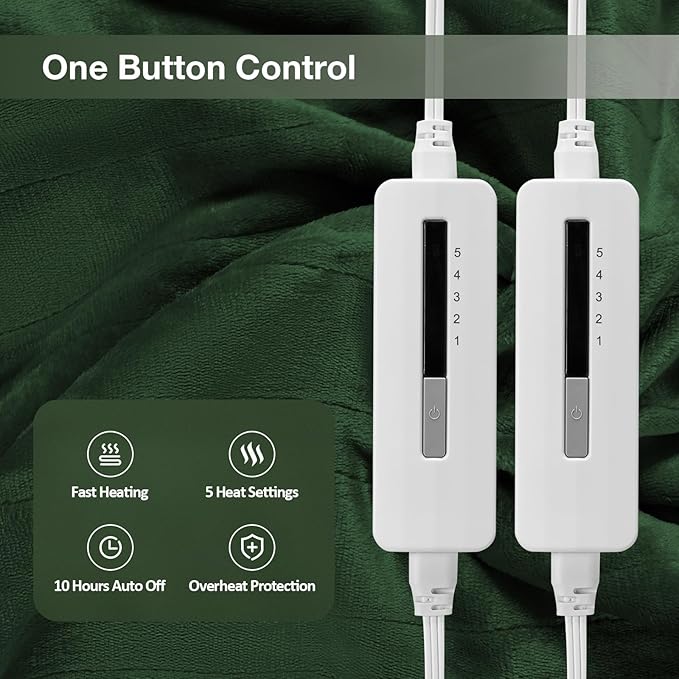 Electric Heated Blanket Queen Size 84"x 90",Dual Control Super Cozy Soft Warm with 5 Heat Levels &10 Hours Auto Off, Home Office Use & Machine Washable, Green