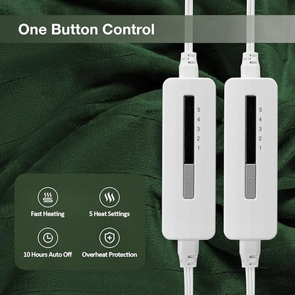 Electric Heated Blanket Queen Size 84"x 90",Dual Control Super Cozy Soft Warm with 5 Heat Levels &10 Hours Auto Off, Home Office Use & Machine Washable, Green