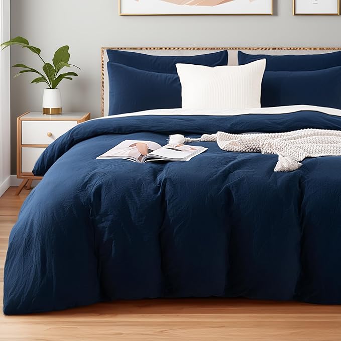 NEXHOME PRO King Duvet Cover Set, 100% Certified Organic Cotton with Washed Feel & Linen-Like Texture, Comfortable & Breathable, Home Bedding Set Navy (No Comforter)