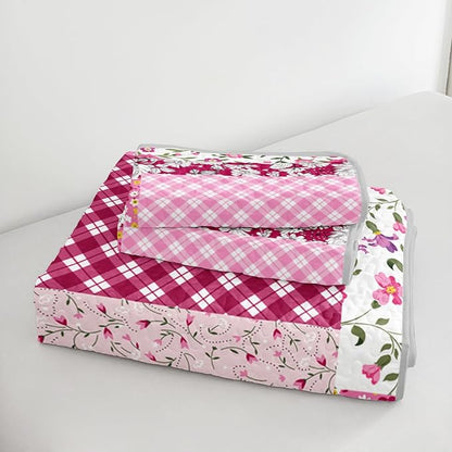 QOOMO Patchwork Quilt Set King Size,Boho Bedspread Coverlet Set,Pink Floral 3Pcs Bedding Set Printed Quilt with 2 Pillowcases,Soft and Lightweight,for All Seasons