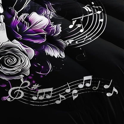 HOSIMA Death Skull Comforter Set King Size,Skull Wearing Headphones Decorated with Flowers,Melody Note Pattern Horror Themed Gothic Bedding Set for Teens Boys Room Decor with 2 Pillowcases.
