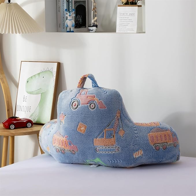 Aimuan Construction Truck Vehicles Reading Pillow Glow in The Dark Bed Rest Wedge Kids Glow Backrest Pillow Car Print with Arms Back Support for Sitting Up in Bed Cushion, Light Blue