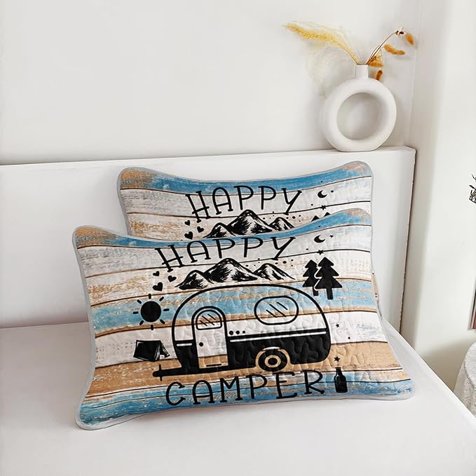 HOSIMA Vintage Camper Quilts Queen Size,Lightweight Bedding Set Camping Travel Trailer Printed Quilt for Camper Decor,Happy Camping Themed Bedding with 2 Pillowcases.