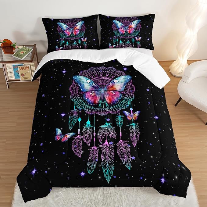 HOSIMA Dream Catcher Tween Bedding Sets for Girls,Butterfly Feather Dream Stories Comforter Set Kidcore Room Decor Aesthetic Galaxy Starry Black Boho Comforter Set Queen Size with 2 Pillowcases.