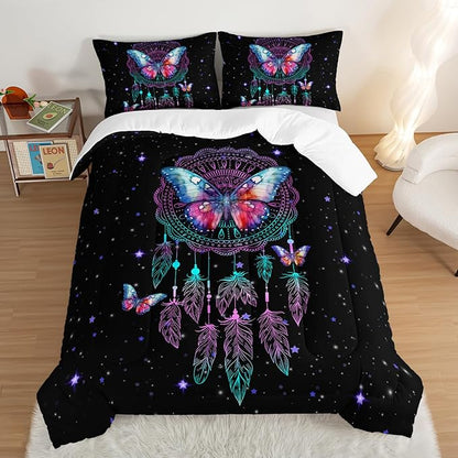 HOSIMA Dream Catcher Tween Bedding Sets for Girls,Butterfly Feather Dream Stories Comforter Set Kidcore Room Decor Aesthetic Galaxy Starry Black Boho Comforter Set Queen Size with 2 Pillowcases.
