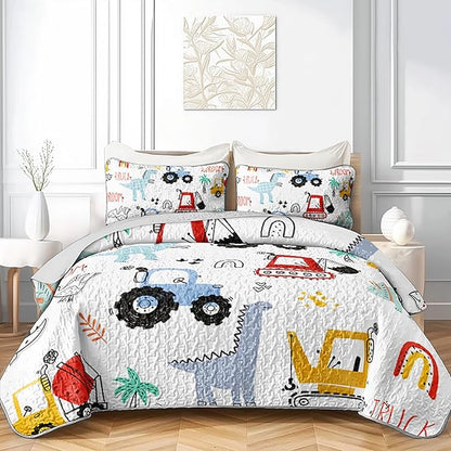 AILONEN Cartoon Dinosaur Quilt Set King Size, 3-Piece Dino & Construction Excavator Bedspread Coverlet Set,Soft Microfiber with 2 Pillowcases for Kids Girls