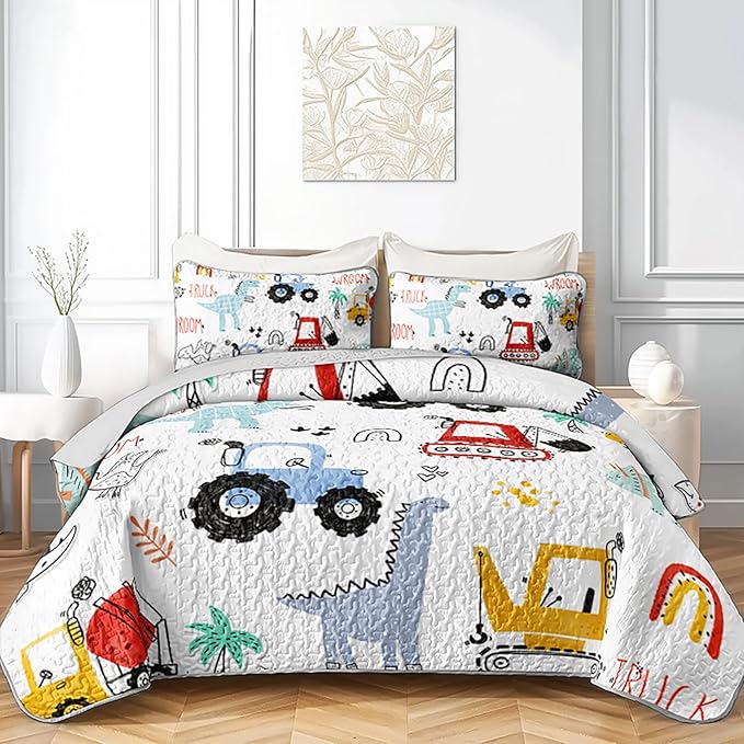 AILONEN Cartoon Dinosaur Quilt Set Queen Size, 3-Piece Dino & Construction Excavator Bedspread Coverlet Set,Soft Microfiber with 2 Pillowcases for Kids Girls